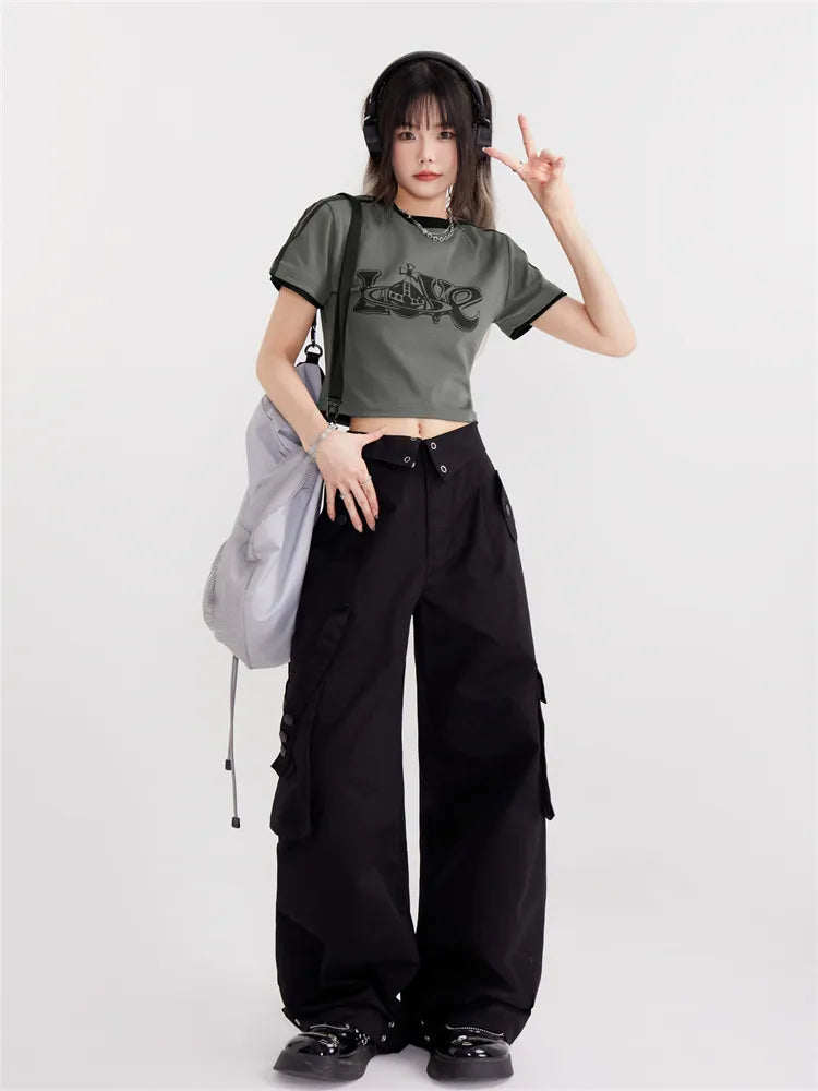 Fold Over Waist Straight Leg Cargo Pants