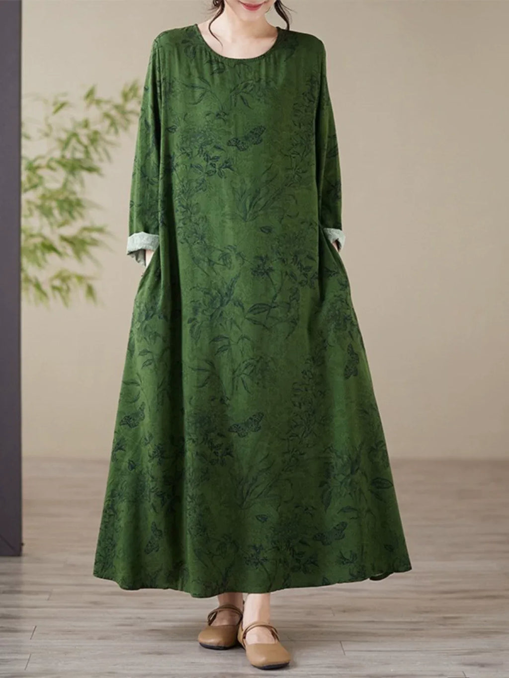 Forest Green Botanical Print Round Neck A-Line Maxi Dress