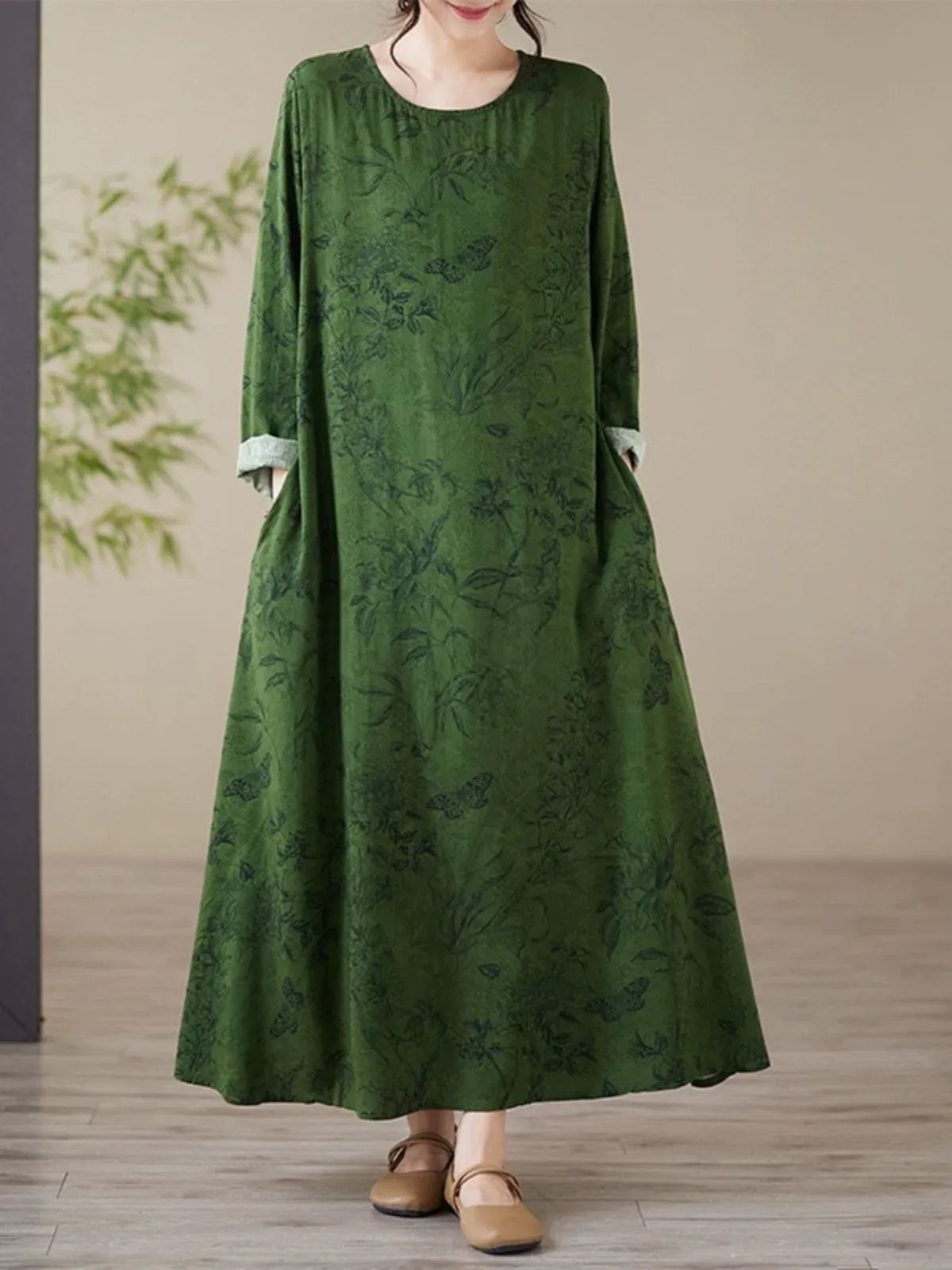 Forest Green Botanical Print Round Neck A-Line Maxi Dress