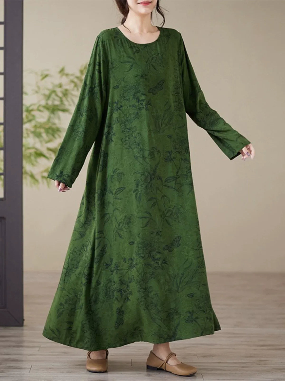 Forest Green Botanical Print Round Neck A-Line Maxi Dress