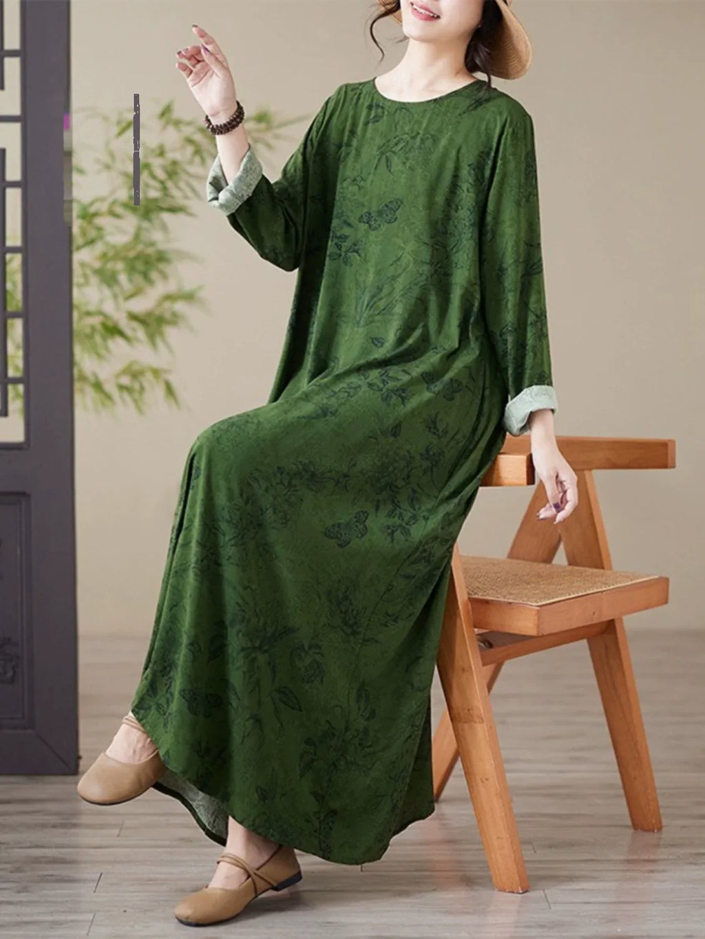 Forest Green Botanical Print Round Neck A-Line Maxi Dress