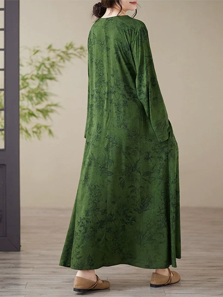 Forest Green Botanical Print Round Neck A-Line Maxi Dress