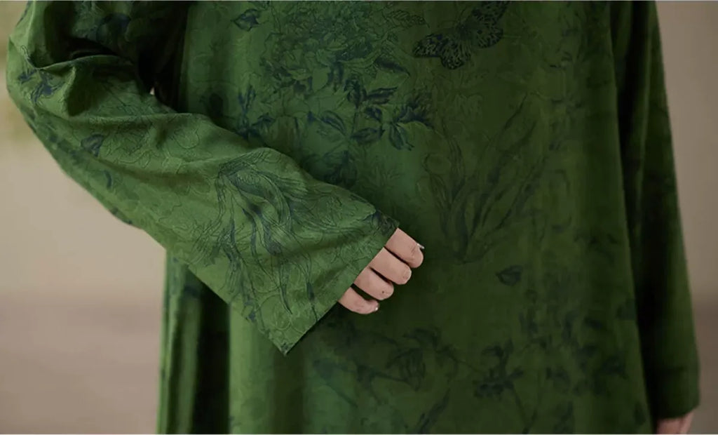 Forest Green Botanical Print Round Neck A-Line Maxi Dress