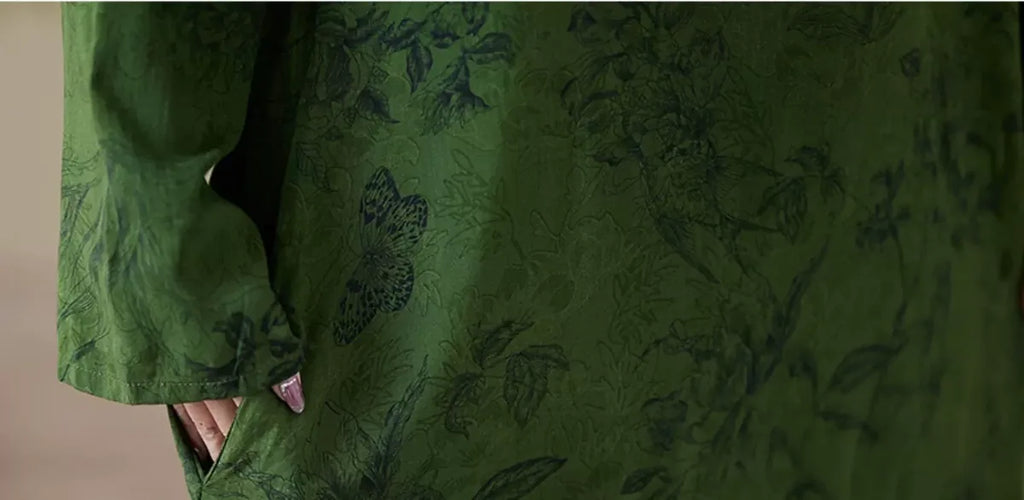 Forest Green Botanical Print Round Neck A-Line Maxi Dress