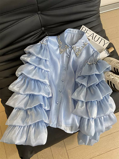 French Chic Oversized Blouse – Heavy Embroidered Crystal Layered Ruffle Shirt for Women