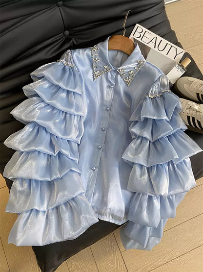 French Chic Oversized Blouse – Heavy Embroidered Crystal Layered Ruffle Shirt for Women