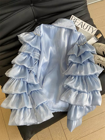 French Chic Oversized Blouse – Heavy Embroidered Crystal Layered Ruffle Shirt for Women