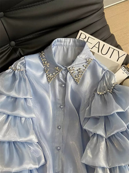 French Chic Oversized Blouse – Heavy Embroidered Crystal Layered Ruffle Shirt for Women