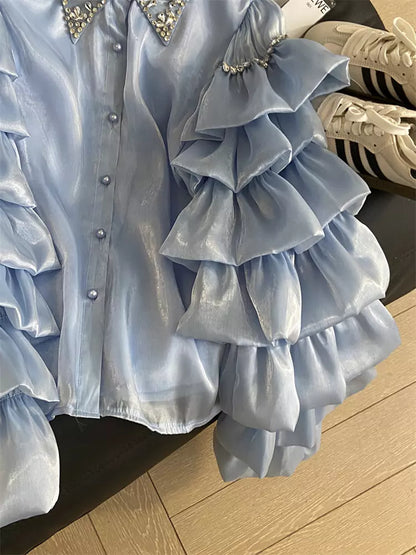 French Chic Oversized Blouse – Heavy Embroidered Crystal Layered Ruffle Shirt for Women