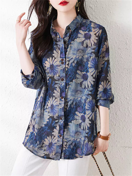 French Elegant Floral Print Blouse Long Sleeve