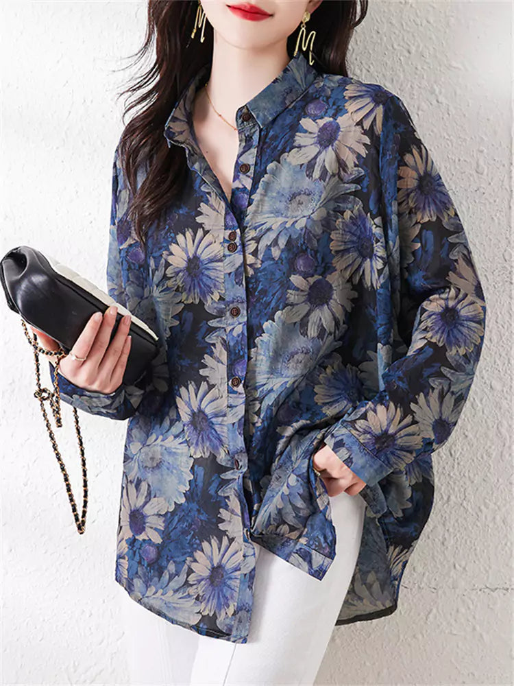 French Elegant Floral Print Blouse Long Sleeve