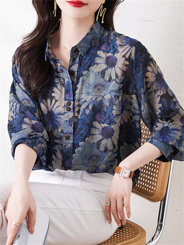 French Elegant Floral Print Blouse Long Sleeve