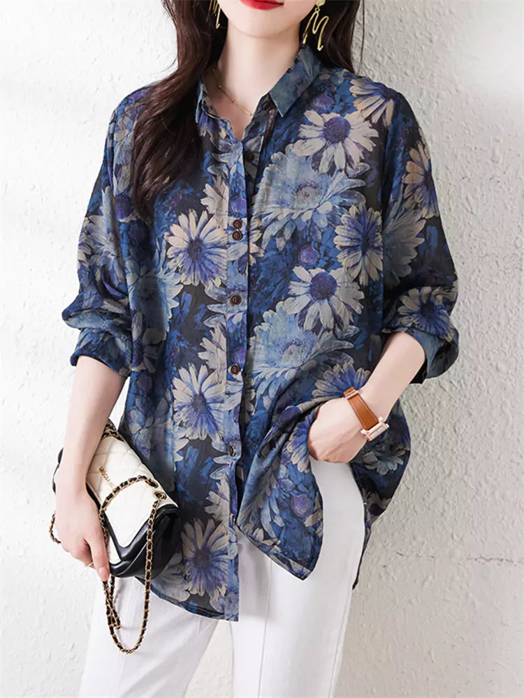 French Elegant Floral Print Blouse Long Sleeve