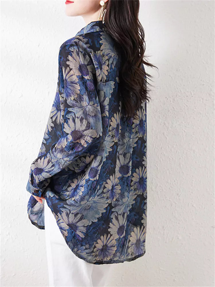 French Elegant Floral Print Blouse Long Sleeve