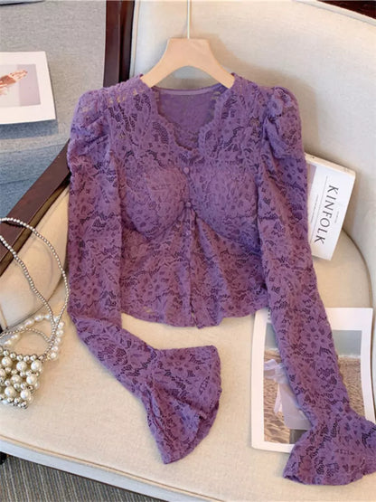 French Lace Top with V-Neck and Flared Sleeves