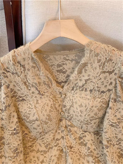 French Lace Top with V-Neck and Flared Sleeves