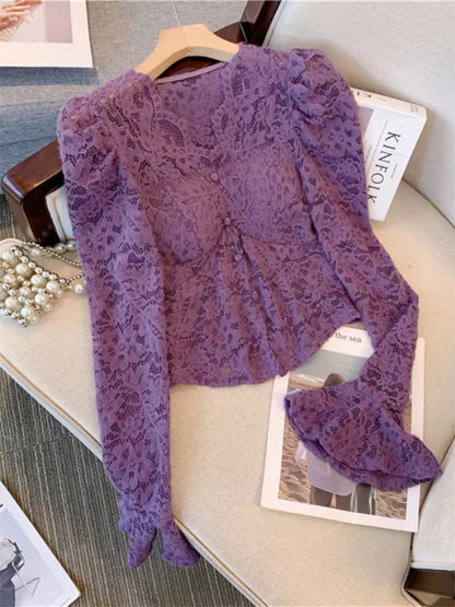 French Lace Top with V-Neck and Flared Sleeves