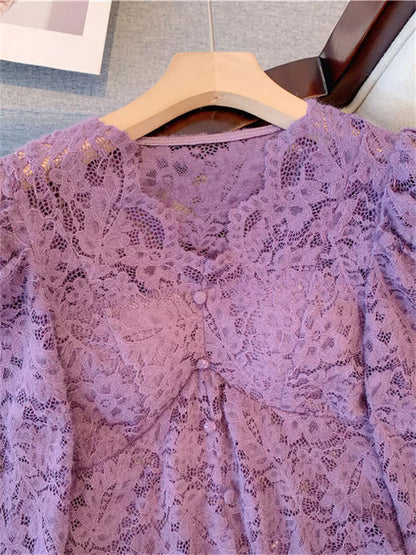 French Lace Top with V-Neck and Flared Sleeves