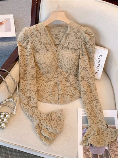 French Lace Top with V-Neck and Flared Sleeves