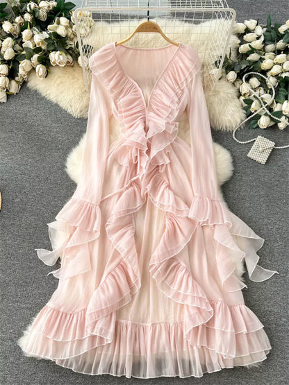 French Style Flounced Hem Longline Bell Sleeve Chiffon Kimono