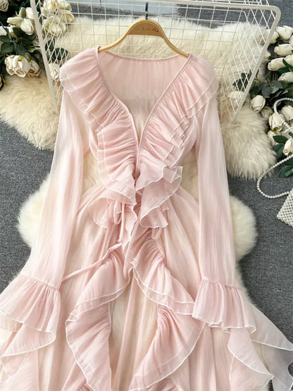 French Style Flounced Hem Longline Bell Sleeve Chiffon Kimono