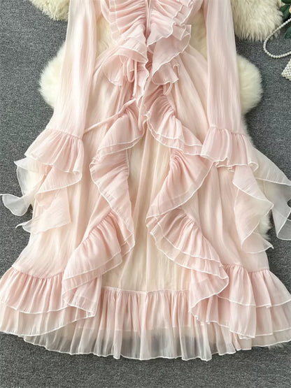 French Style Flounced Hem Longline Bell Sleeve Chiffon Kimono