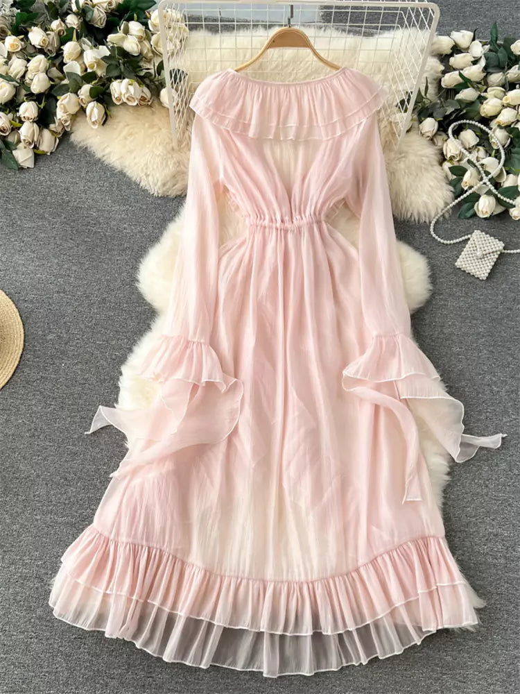 French Style Flounced Hem Longline Bell Sleeve Chiffon Kimono