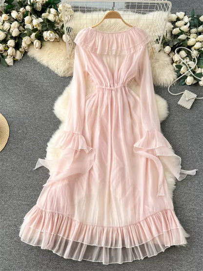 French Style Flounced Hem Longline Bell Sleeve Chiffon Kimono