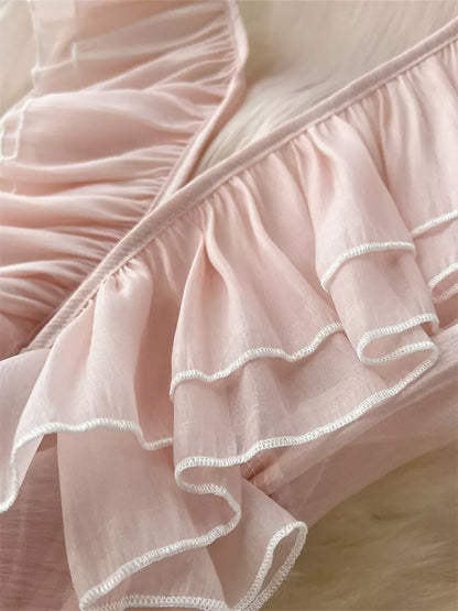 French Style Flounced Hem Longline Bell Sleeve Chiffon Kimono