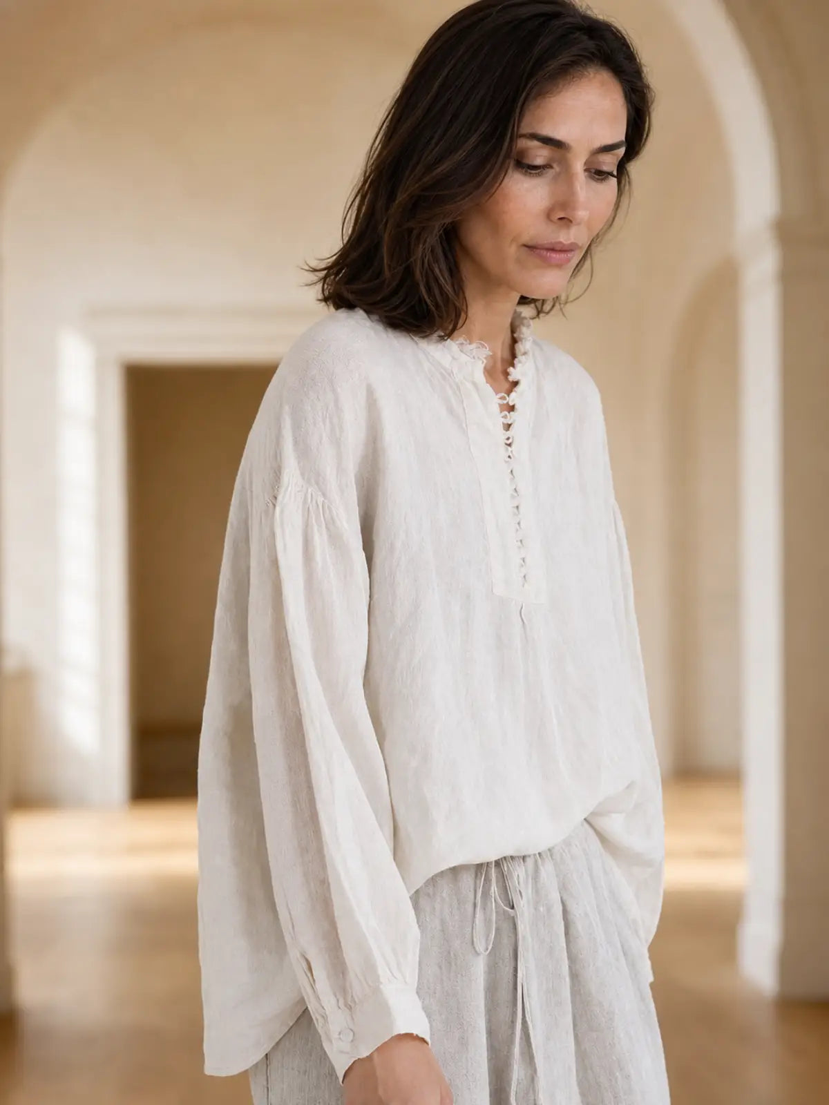 French Style Linen Top with Small Stand Collar - detail view
