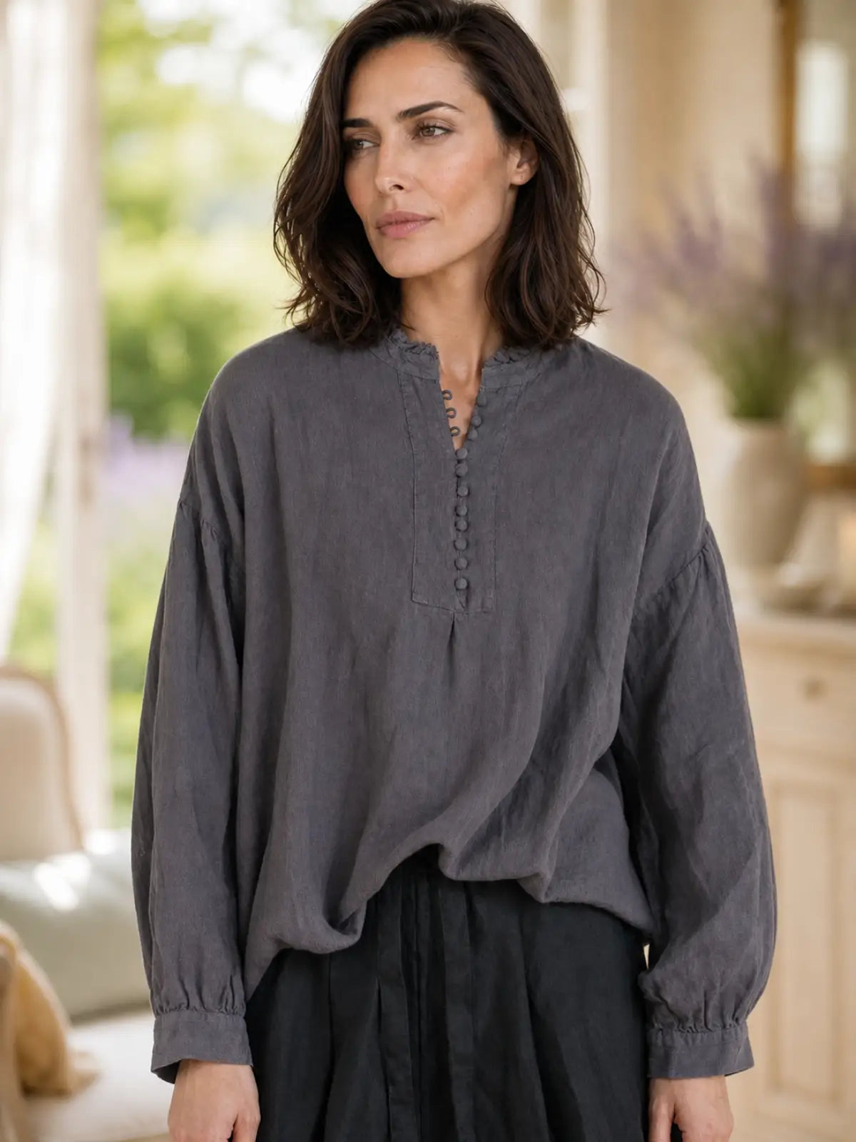 French Style Linen Top with Small Stand Collar - flat lay view