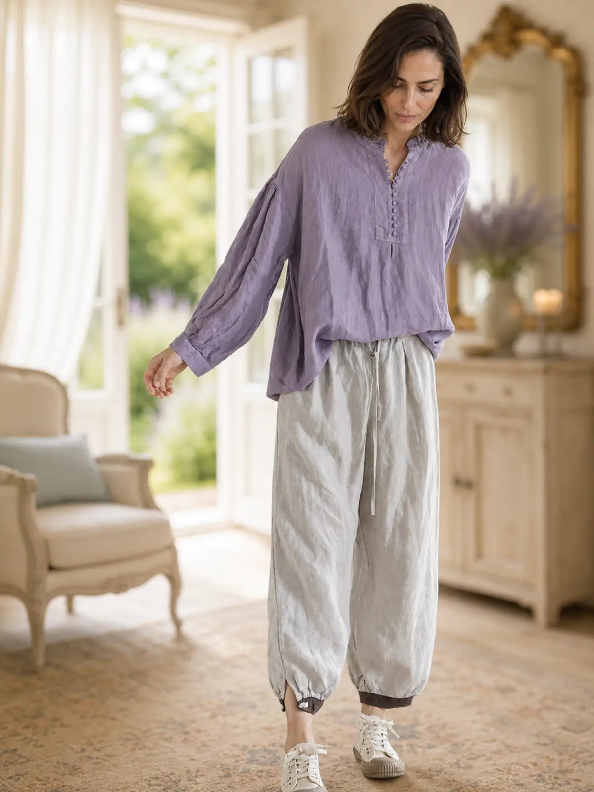 French Style Linen Top with Small Stand Collar - full body view