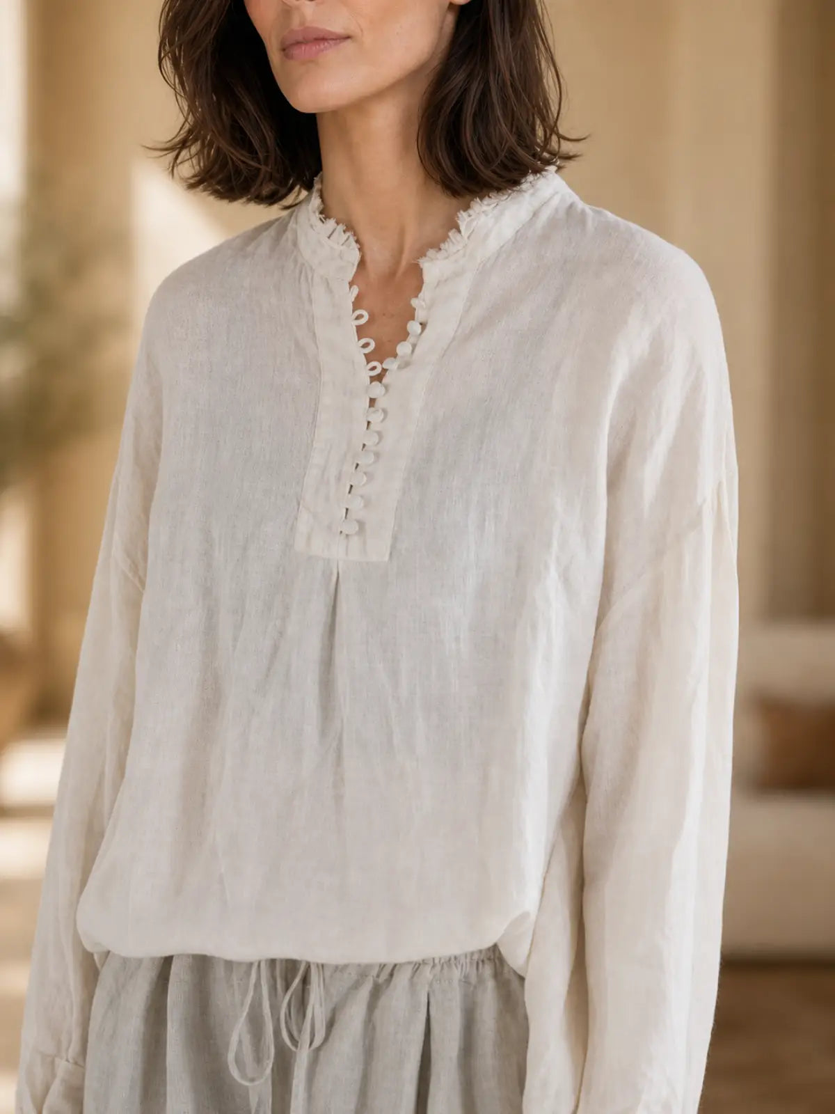 French Style Linen Top with Small Stand Collar - lifestyle view