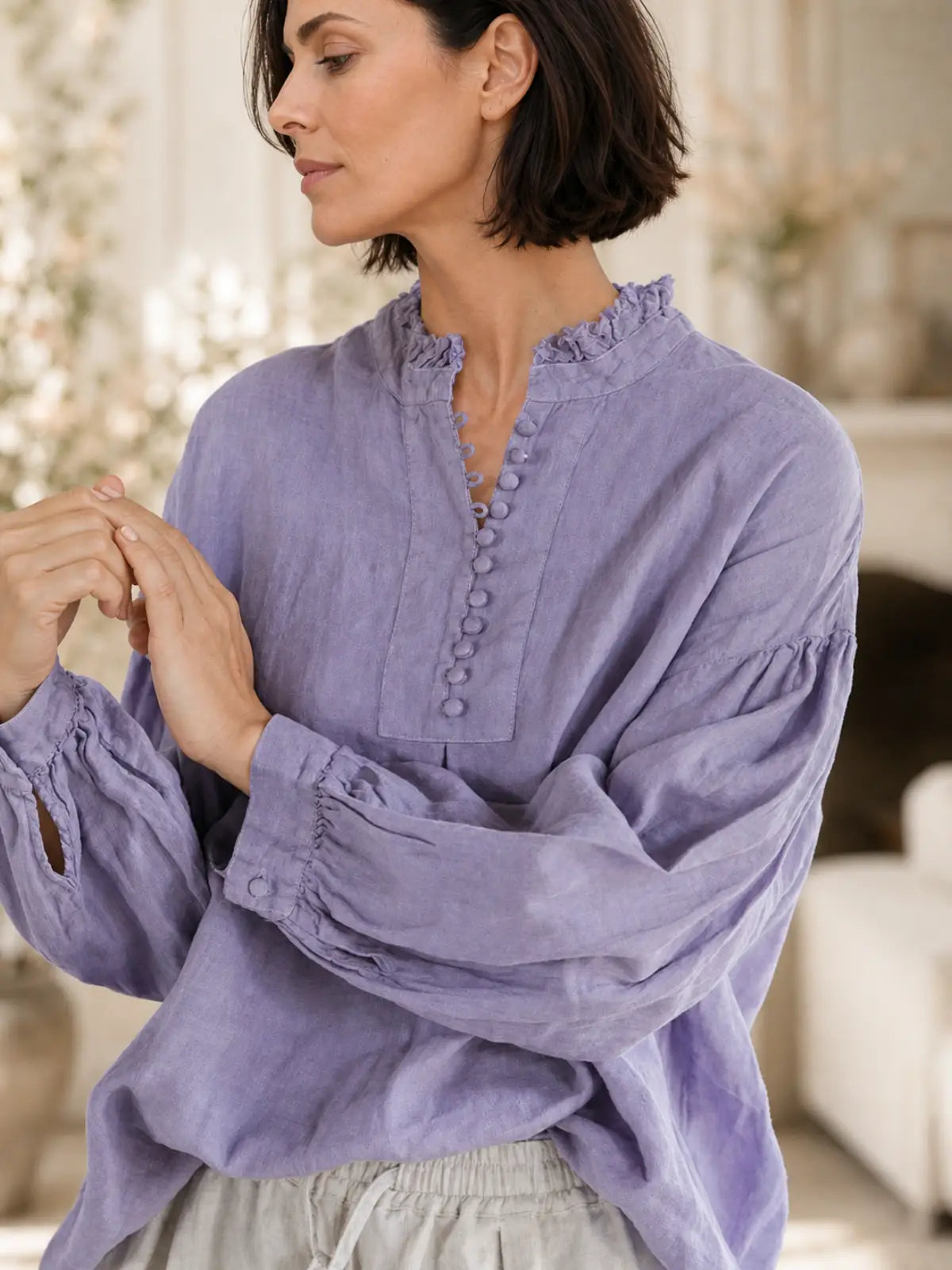 French Style Linen Top with Small Stand Collar - main model view