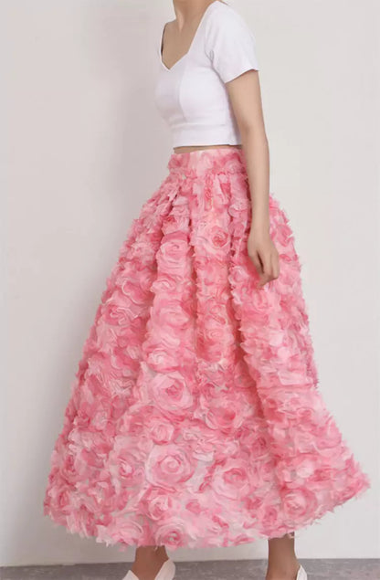 Puffiger Tüllrock im französischen Stil mit 3D-Verzierung aus rosa Rosen