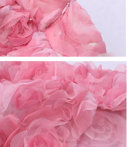 Puffiger Tüllrock im französischen Stil mit 3D-Verzierung aus rosa Rosen