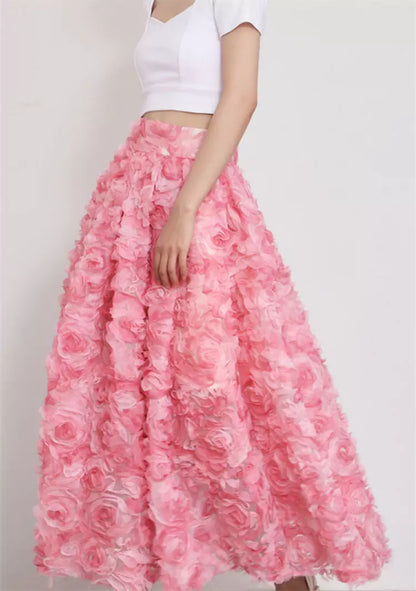 Puffiger Tüllrock im französischen Stil mit 3D-Verzierung aus rosa Rosen