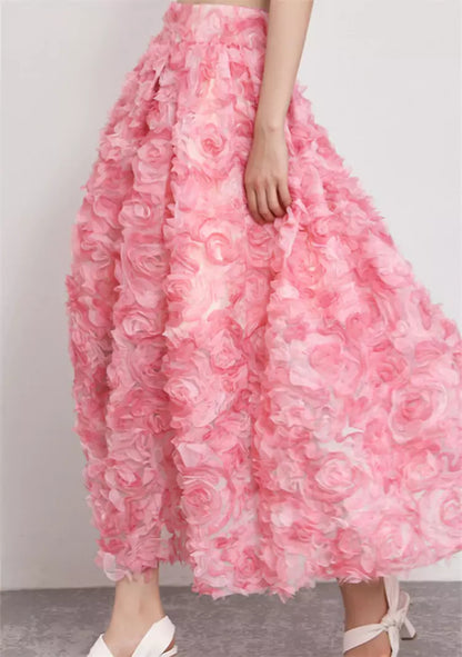 Puffiger Tüllrock im französischen Stil mit 3D-Verzierung aus rosa Rosen