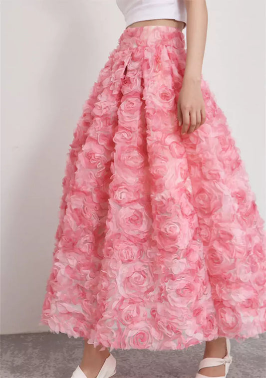 French-style Puffy Tulle Skirt with 3D Pink Rose Embellishment