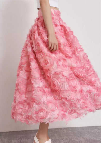 Puffiger Tüllrock im französischen Stil mit 3D-Verzierung aus rosa Rosen