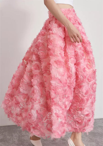 Puffiger Tüllrock im französischen Stil mit 3D-Verzierung aus rosa Rosen