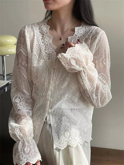 French Style V-Neck Long Sleeve Embroidered Lace Blouse
