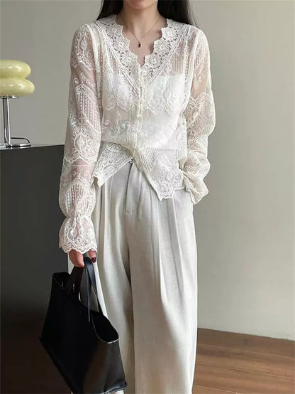 French Style V-Neck Long Sleeve Embroidered Lace Blouse