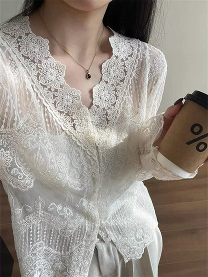 French Style V-Neck Long Sleeve Embroidered Lace Blouse