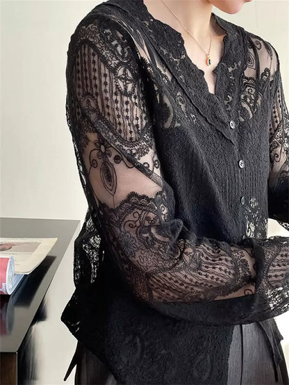 French Style V-Neck Long Sleeve Embroidered Lace Blouse