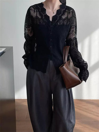 French Style V-Neck Long Sleeve Embroidered Lace Blouse