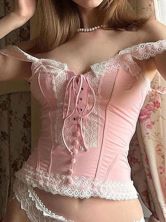 French Style Sweet Lace Up Corset Crop Top