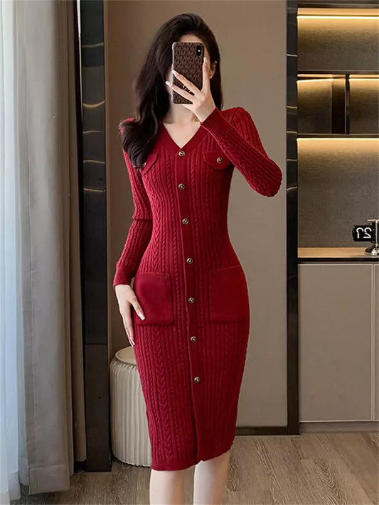 French Vintage Burgundy Elegant Chic Bodycon Knit Dress