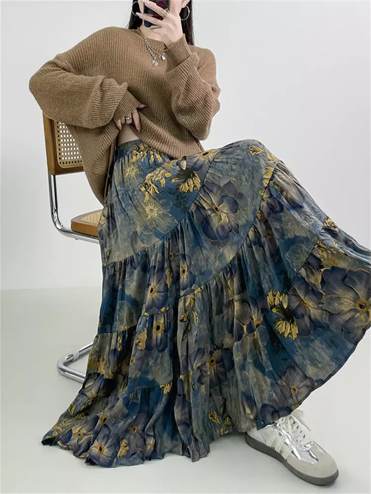 Falda francesa vintage floral de cintura alta, corte A y bolsillos