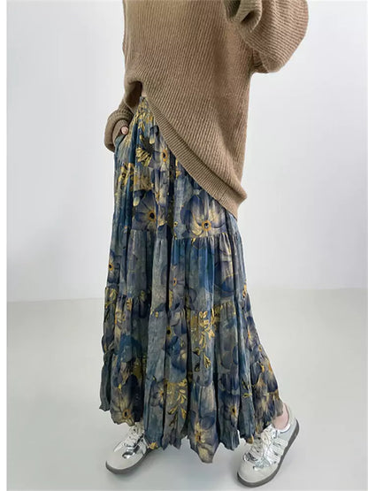 French Vintage Floral High-Waisted A-line Skirt with Pockets